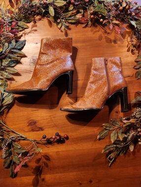 Tooled Leather Women's Embossed Ankle Boots by Newport News Western-Inspired 7.5